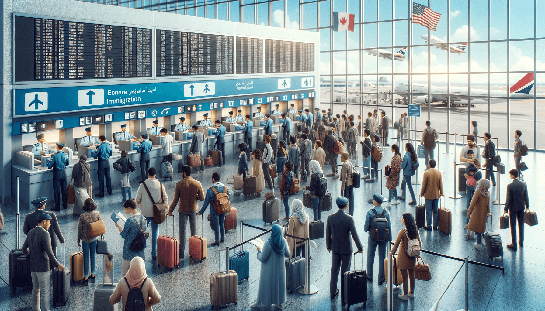 공항에서 입국 심사하는 사람들